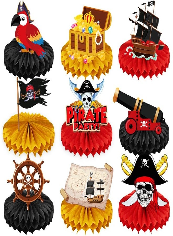 Koeilay 9 Pcs Pirate Party Decorations Honeycomb Centerpiece Table Decoration Pirate Ship Captain Hat Parrot Treasure Map Skull Cake Topper Nautical Decor for Birthday Party Baby Shower Office Classroom - Image 1
